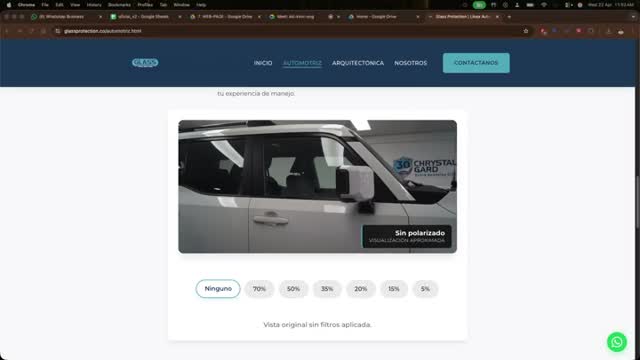 Sitio web Glass Protection — diseño automotriz con cotizador interactivo de polarizado