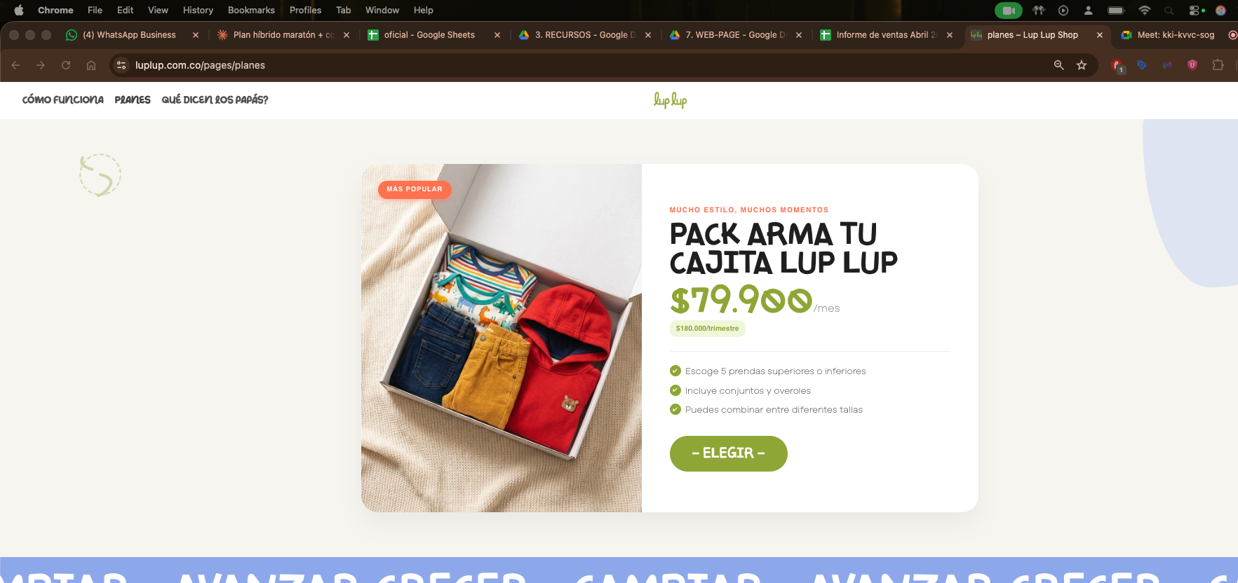 Landing page e-commerce Lup Lup — suscripción de ropa infantil con $79.900/mes y CTA de conversión