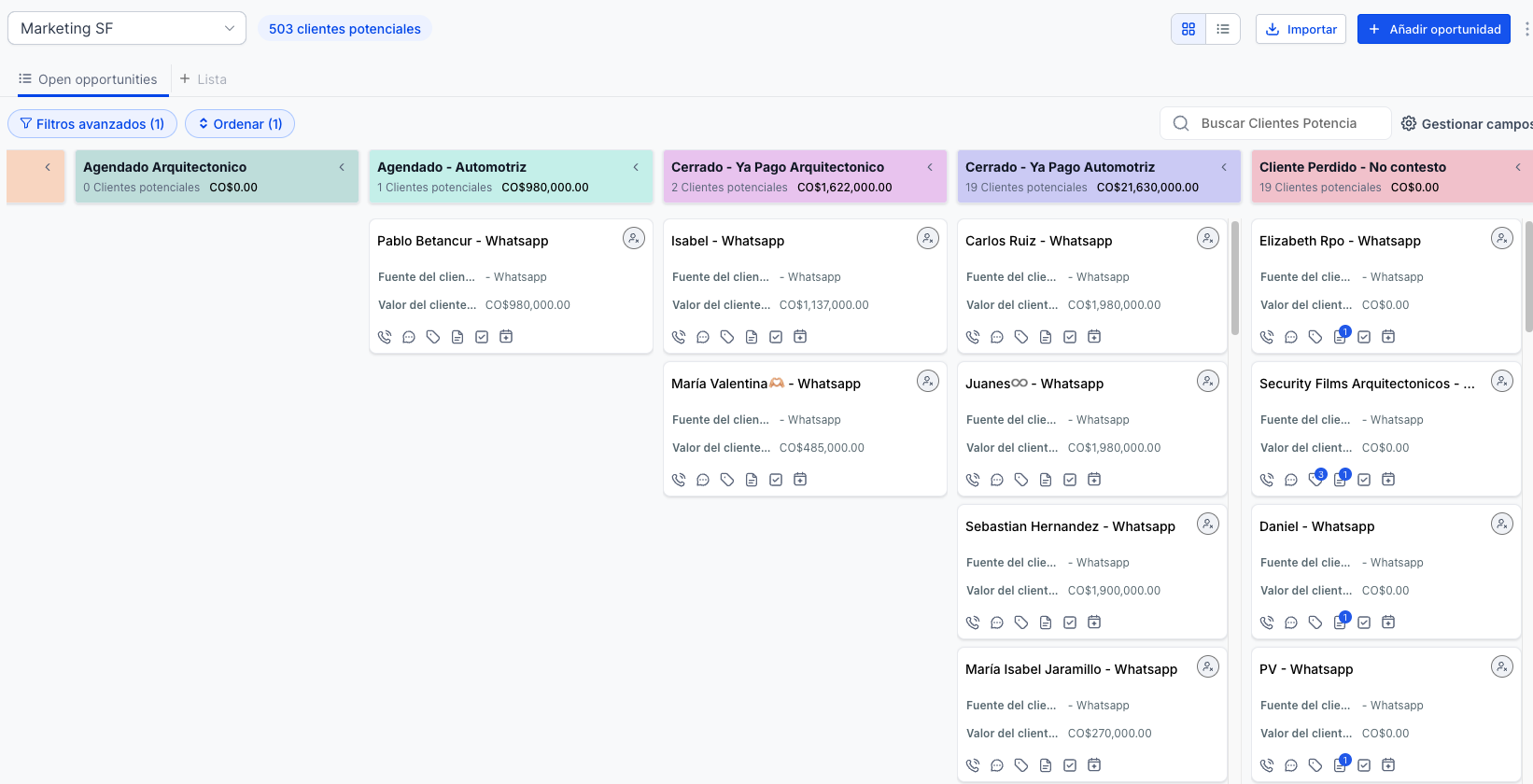 Pipeline CRM real — 503 clientes potenciales gestionados con automatización