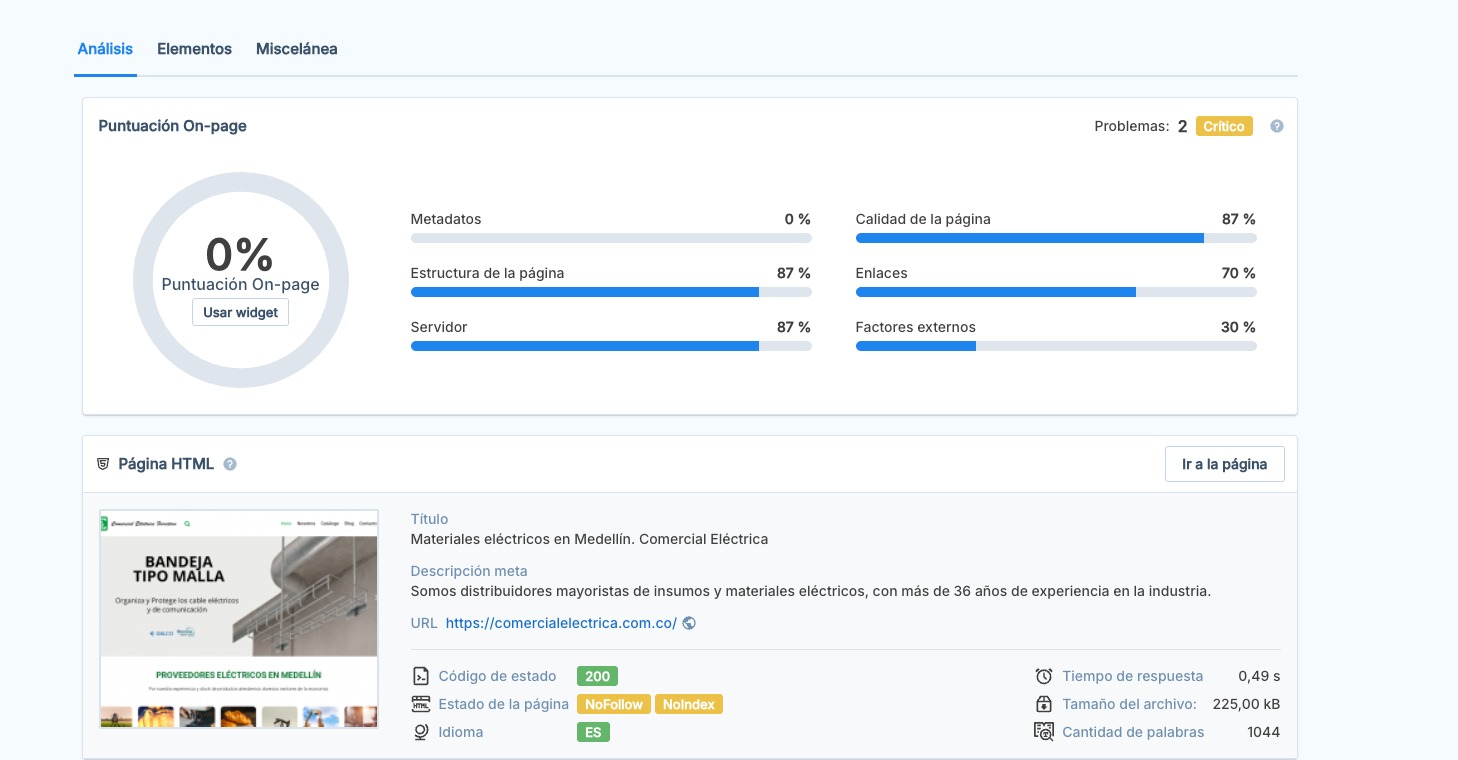 Auditoría SEO técnica on-page — análisis de metadatos, estructura, enlaces y factores externos